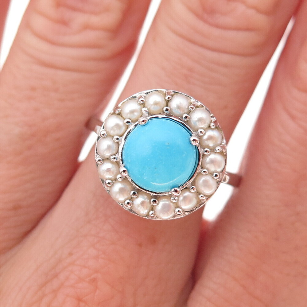 925 Sterling Silver Real Turquoise & Pearl Ring Size 8